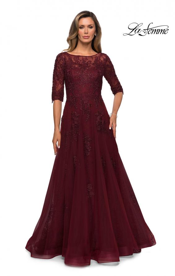Picture of: Lace and Tulle A-line Gown with Three Quarter Sleeves in Wine, Style: 28036, Detail Picture 2