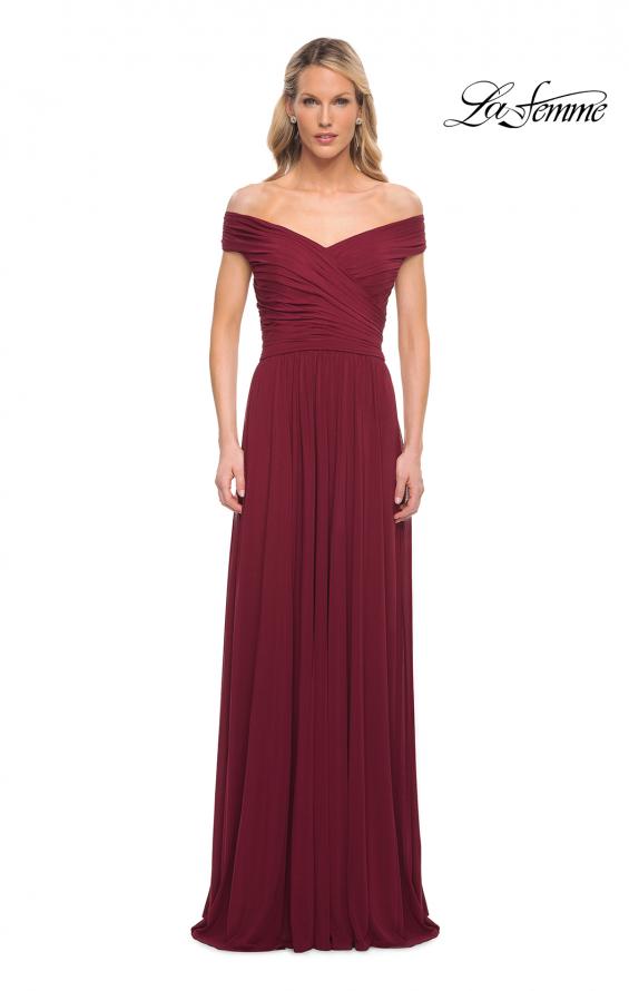 Picture of: Off the Shoulder Net Jersey Long Dress with Ruching in Wine, Detail Picture 2