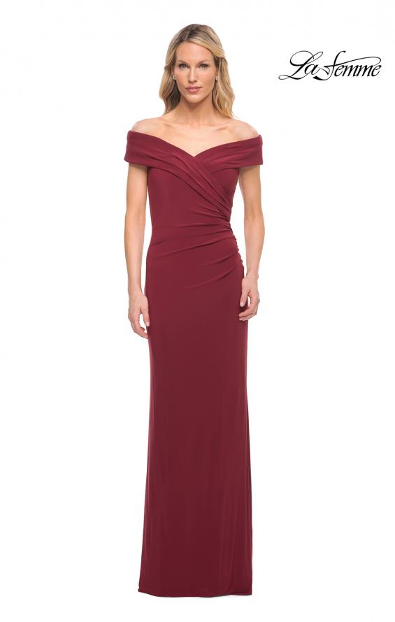 Picture of: Off The Shoulder Jersey Dress with Ruching in Wine, Style: 27959, Detail Picture 3