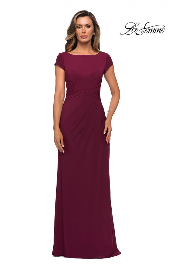 Picture of: Floor Length Jersey Evening Gown with Cap Sleeves in Wine, Style: 28026, Detail Picture 3