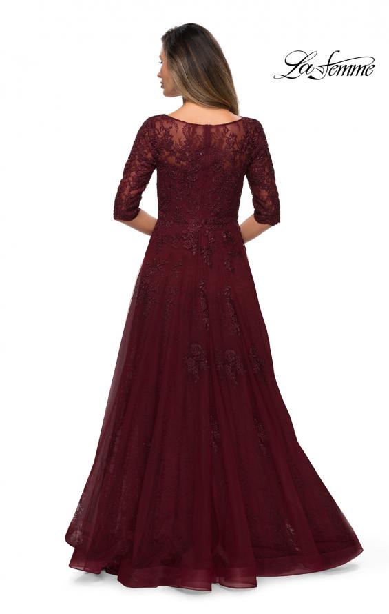 Picture of: Lace and Tulle A-line Gown with Three Quarter Sleeves in Wine, Style: 28036, Detail Picture 3