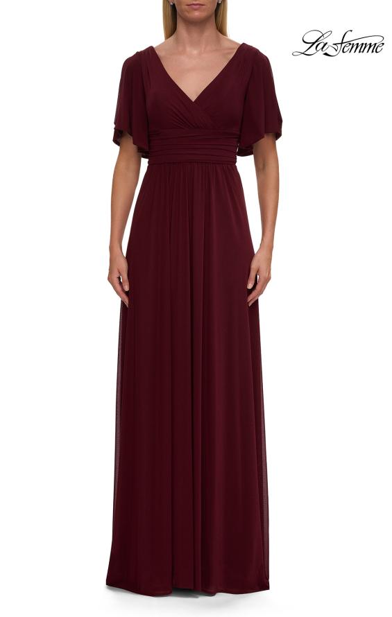 Picture of: Flattering Net Jersey Long Dress with Ruffle Sleeve in Wine, Style: 30009, Detail Picture 3