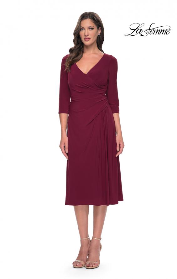 Picture of: Chic Tea Length Jersey Dress with Ruching in Wine, Style: 30069, Detail Picture 3