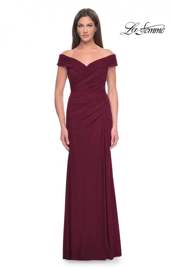 Picture of: Off the Shoulder Jersey Evening Gown with Ruching in Wine, Style: 31677, Detail Picture 3