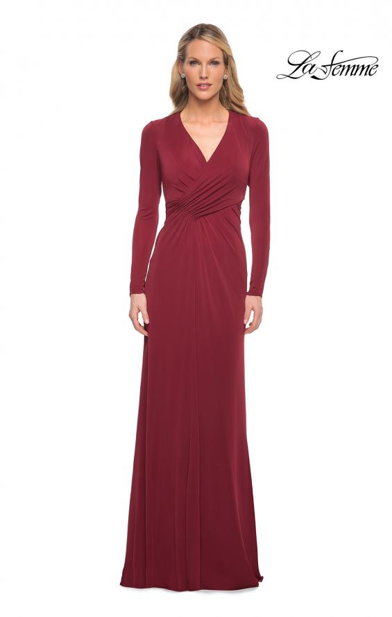 Picture of: Long Sleeve Jersey Dress with Criss-Criss Front Ruching in Wine, Detail Picture 5