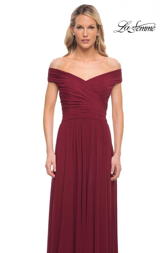 Picture of: Off the Shoulder Net Jersey Long Dress with Ruching in Wine, Detail Picture 6
