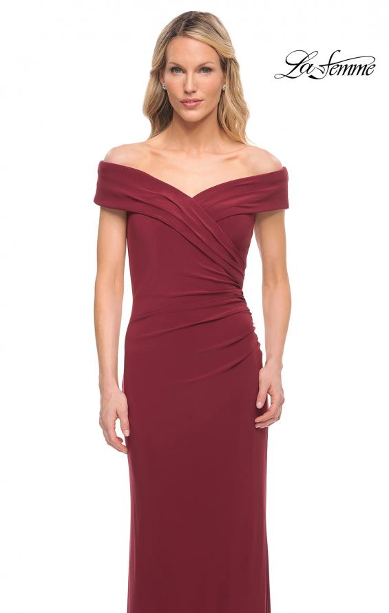 Picture of: Off The Shoulder Jersey Dress with Ruching in Wine, Style: 27959, Detail Picture 7