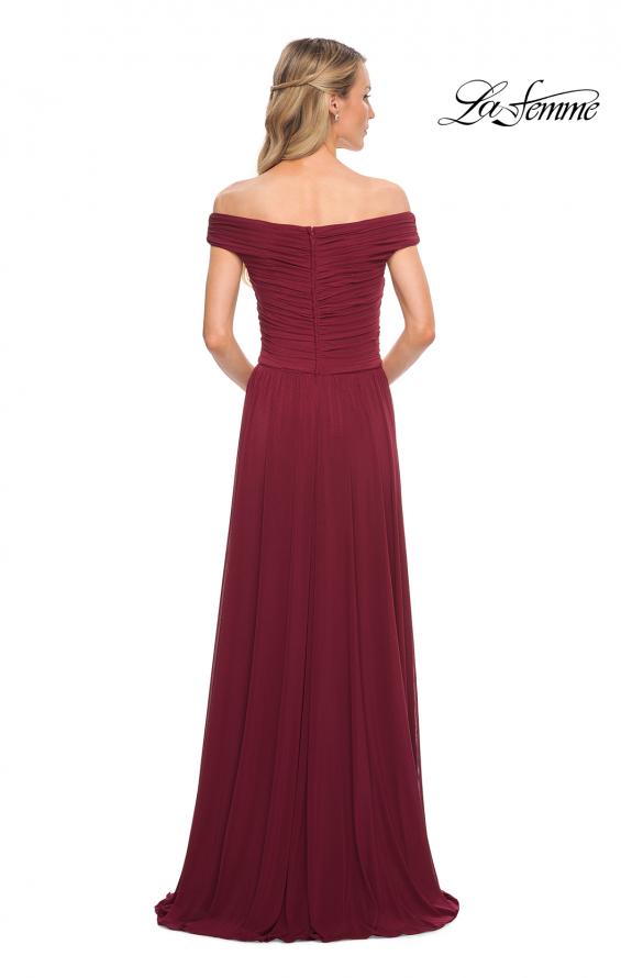 Picture of: Off the Shoulder Net Jersey Long Dress with Ruching in Wine, Detail Picture 7