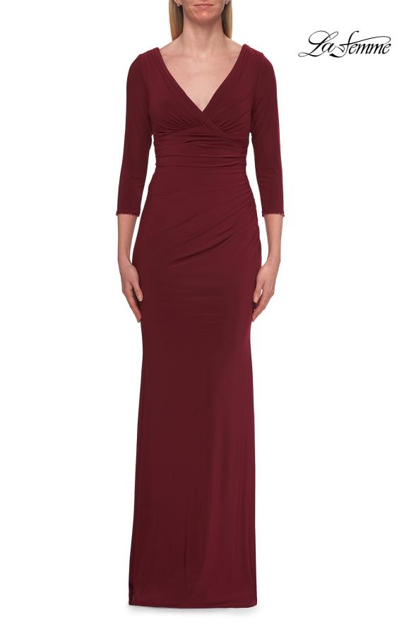 Picture of: V-Neck Ruched Gown with Three-Quarter Sleeves in Wine, Style: 33214, Detail Picture 7