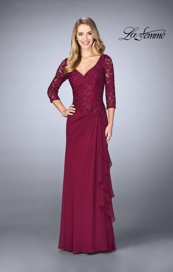 Picture of: Crepe Chiffon Gown with Lace Sweetheart Neckline in Wine, Style: 24857, Detail Picture 2