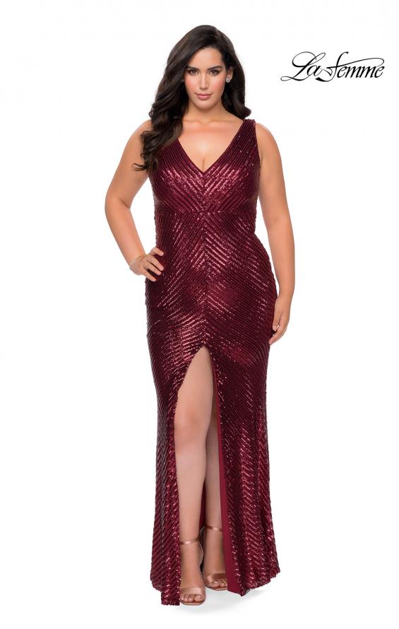 Picture of: Sequin Striped Plus Size Prom Dress with Center Slit in Wine, Style: 28796, Main Picture