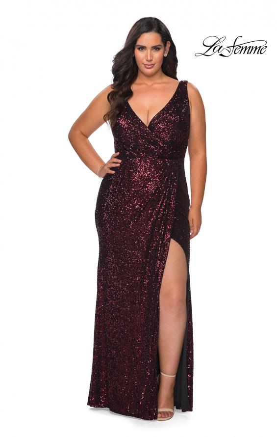 Picture of: Sequin Plus Size Prom Gown with Ruching and V-neck in Wine, Style: 29046, Main Picture