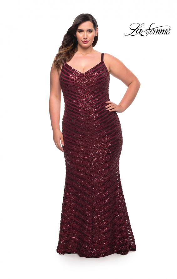 Picture of: Thick Line Sequin Print Plus Size Gown with V Neck in Wine, Style: 29622, Main Picture