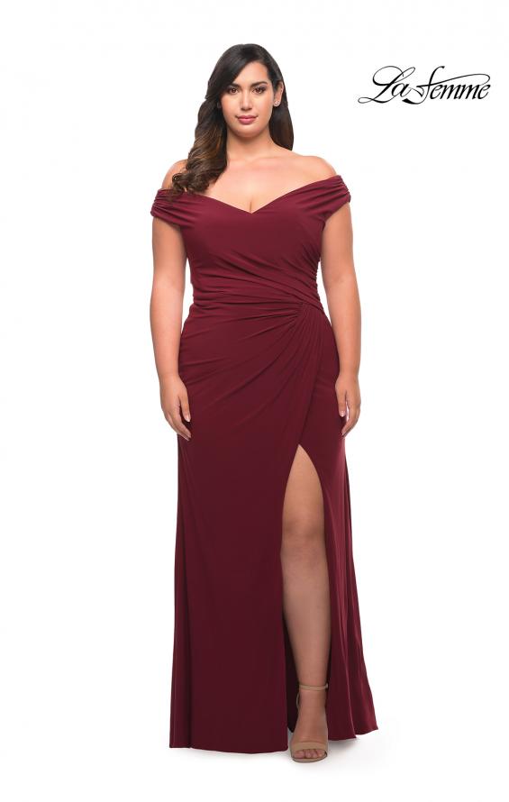 Picture of: Matte Jersey Long Plus Dress with Ruching and Slit in Wine, Style: 29663, Main Picture