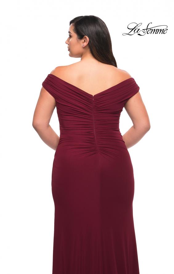 Picture of: Flattering Ruched Off the Shoulder Plus Size Dress in Wine, Style: 29722, Detail Picture 8