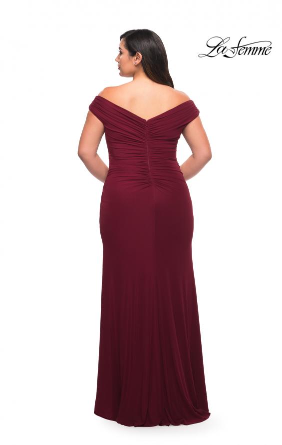 Picture of: Flattering Ruched Off the Shoulder Plus Size Dress in Wine, Style: 29722, Detail Picture 9