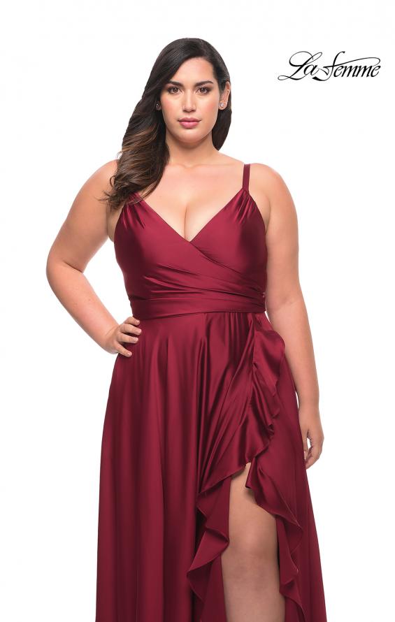 Picture of: Ruffle Slit Satin Long Plus Size Dress with V Neck in Wine, Style: 29740, Detail Picture 10