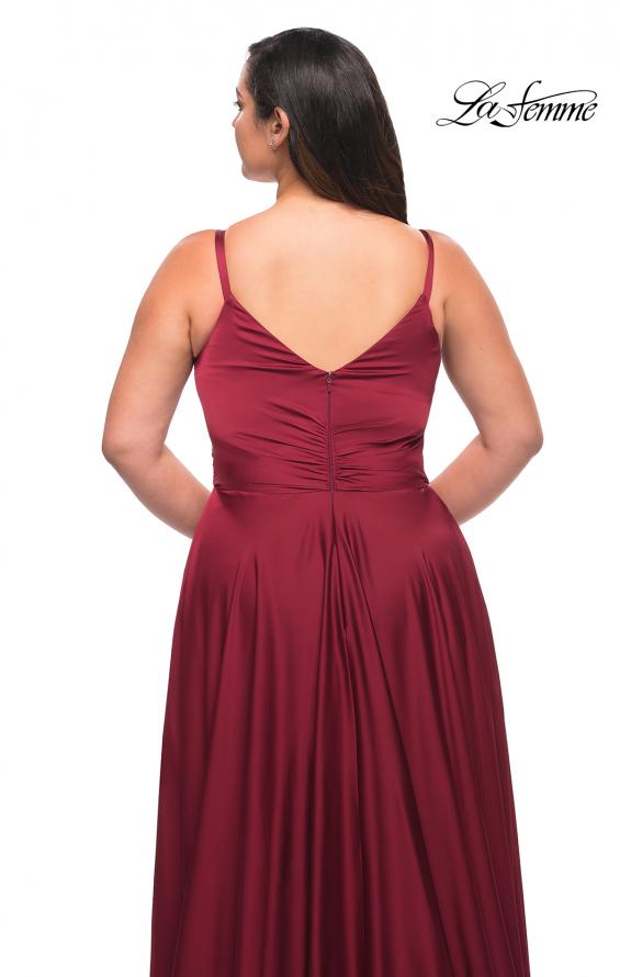Picture of: Ruffle Slit Satin Long Plus Size Dress with V Neck in Wine, Style: 29740, Detail Picture 11