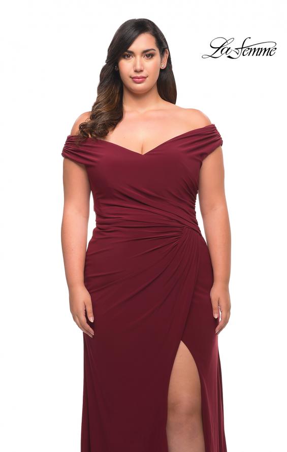 Picture of: Matte Jersey Long Plus Dress with Ruching and Slit in Wine, Style: 29663, Detail Picture 13