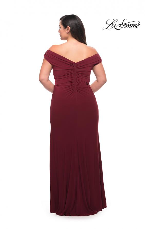 Picture of: Matte Jersey Long Plus Dress with Ruching and Slit in Wine, Style: 29663, Back Picture