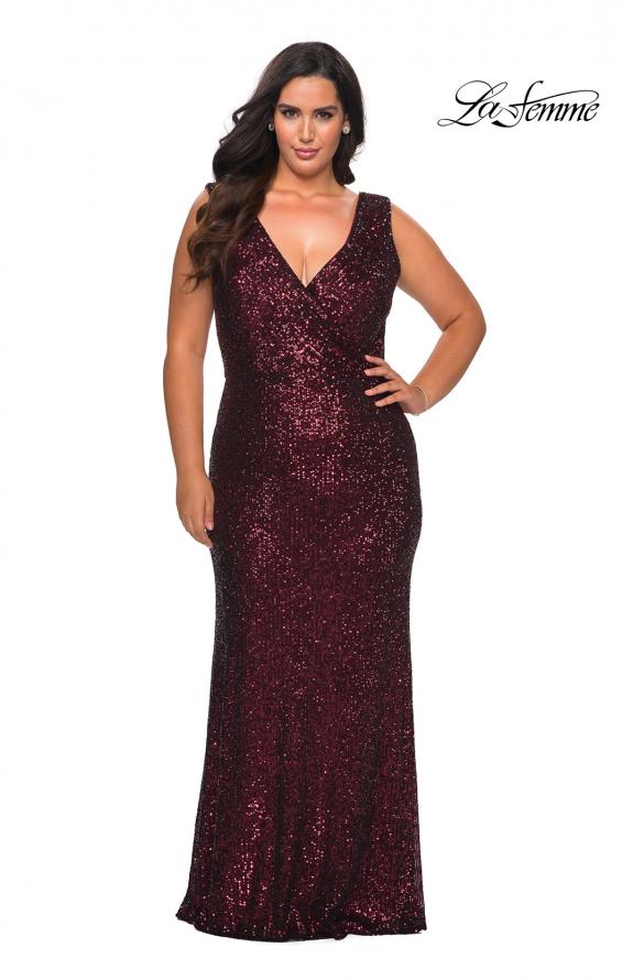Picture of: Long Sequin Plus Size Prom Gown with V-Neck in Wine, Style: 28770, Detail Picture 1