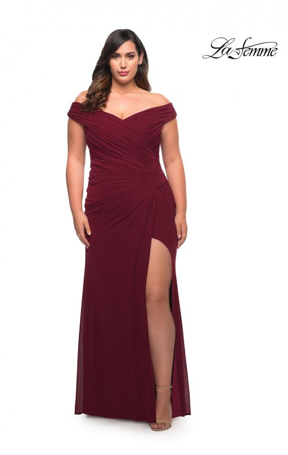 Picture of: Flattering Ruched Off the Shoulder Plus Size Dress in Wine, Style: 29722, Detail Picture 1