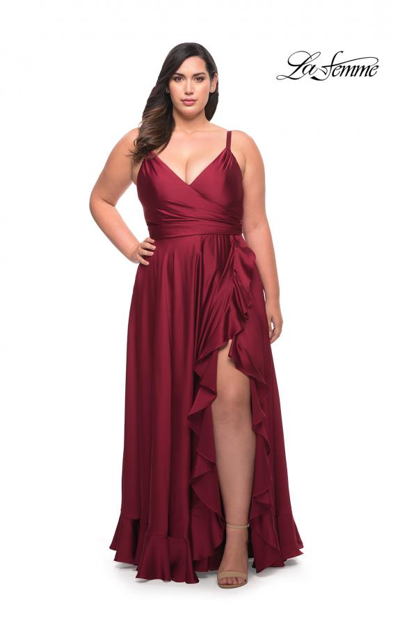 Picture of: Ruffle Slit Satin Long Plus Size Dress with V Neck in Wine, Style: 29740, Detail Picture 1
