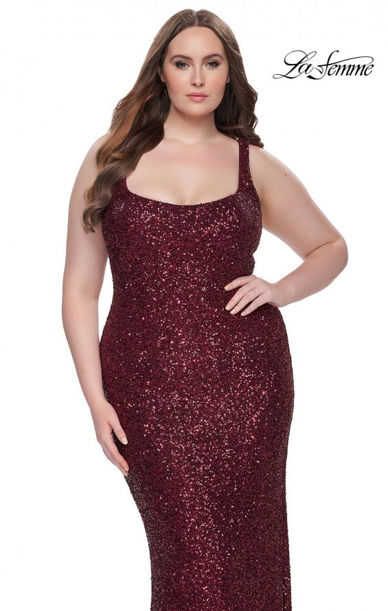Picture of: Plus Size Prom Dress in Stretch Sequin and Square Neckline in Wine, Style: 31630, Detail Picture 1