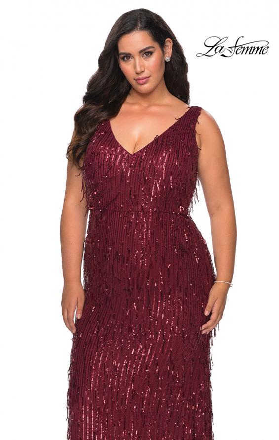 Picture of: Sequin Fringe Plus Size Prom Gown with V-Neck in Wine, Style: 28946, Detail Picture 2