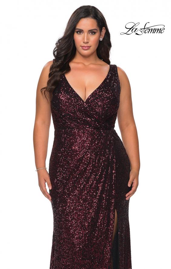 Picture of: Sequin Plus Size Prom Gown with Ruching and V-neck in Wine, Style: 29046, Detail Picture 5