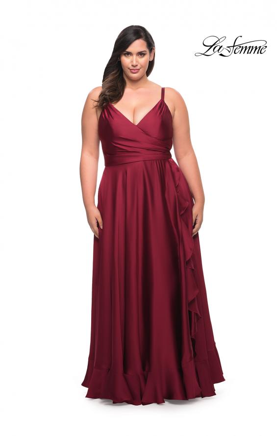Picture of: Ruffle Slit Satin Long Plus Size Dress with V Neck in Wine, Style: 29740, Detail Picture 5