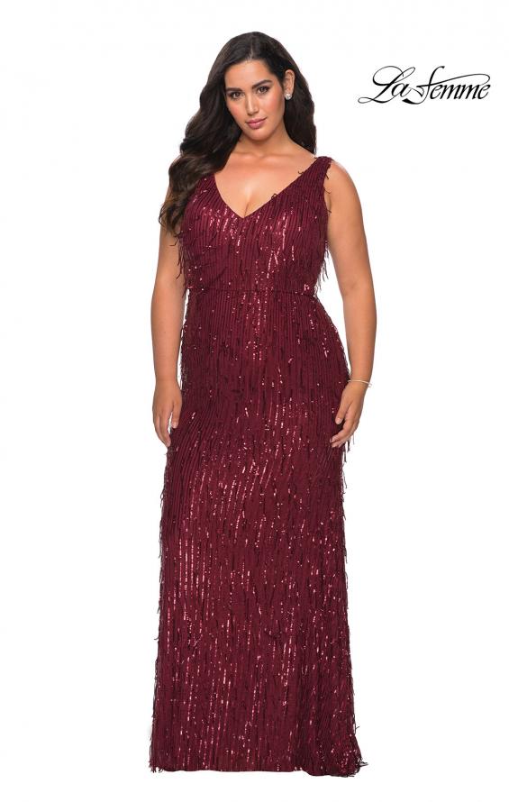 Picture of: Sequin Fringe Plus Size Prom Gown with V-Neck in Wine, Style: 28946, Detail Picture 6