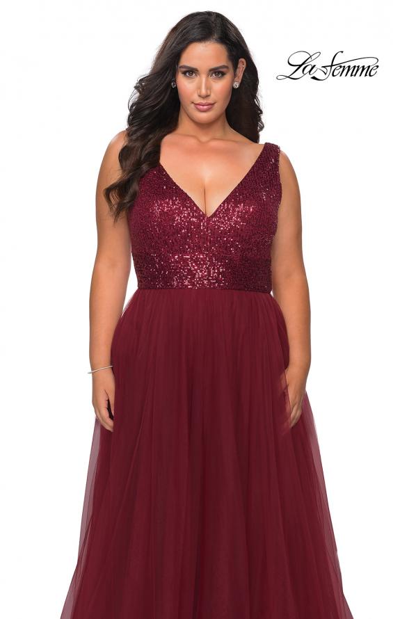 Picture of: Curvy A-line Prom Gown with Sequin Bodice and Tulle Skirt in Wine, Style: 29045, Detail Picture 6
