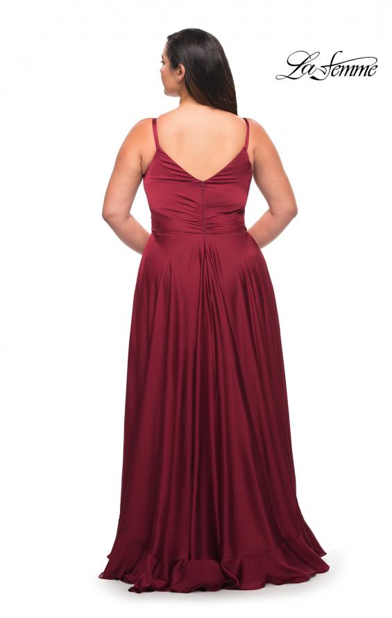 Picture of: Ruffle Slit Satin Long Plus Size Dress with V Neck in Wine, Style: 29740, Detail Picture 6