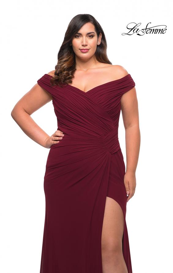 Picture of: Flattering Ruched Off the Shoulder Plus Size Dress in Wine, Style: 29722, Detail Picture 7