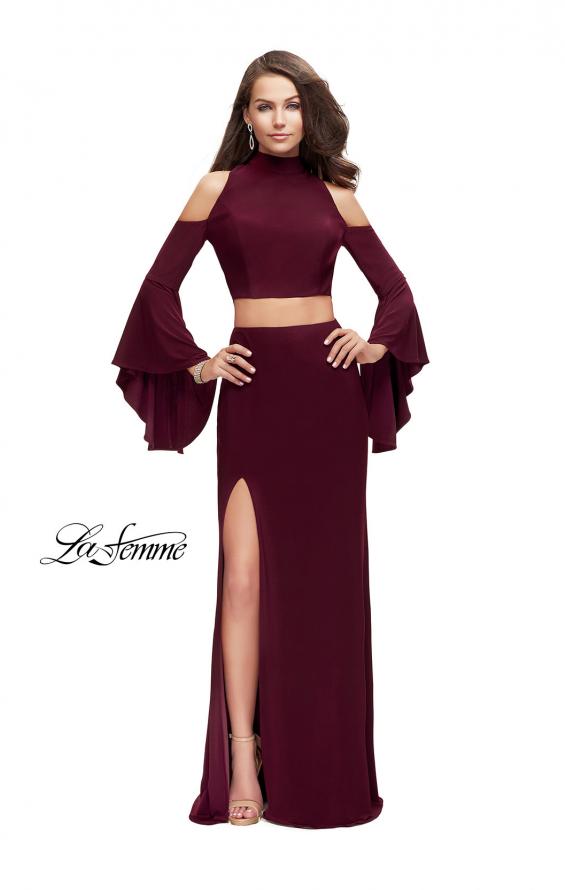 Picture of: Long Two Piece Dress with Cold Shoulders and Bell Sleeves in Wine, Style: 25353, Main Picture