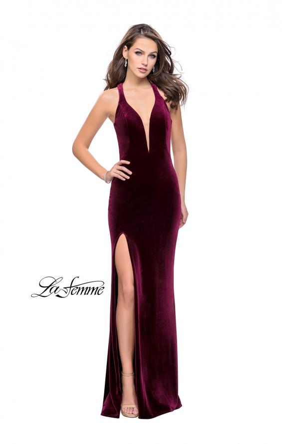 Picture of: Long Velvet Prom Dress with Deep V and Side Leg Slit in Wine, Style: 25363, Main Picture