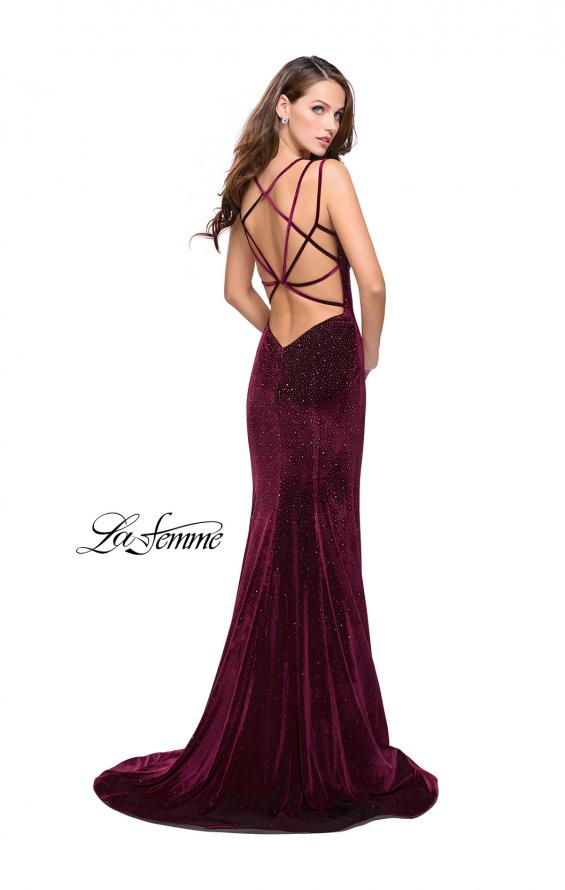 Picture of: Velvet Form Fitting Prom Dress with Intricate Back in Wine, Style: 25681, Main Picture