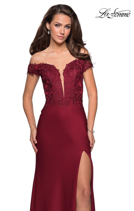 Picture of: Off The Shoulder Gown with Lace Bust and Slit in Wine, Style: 27097, Main Picture