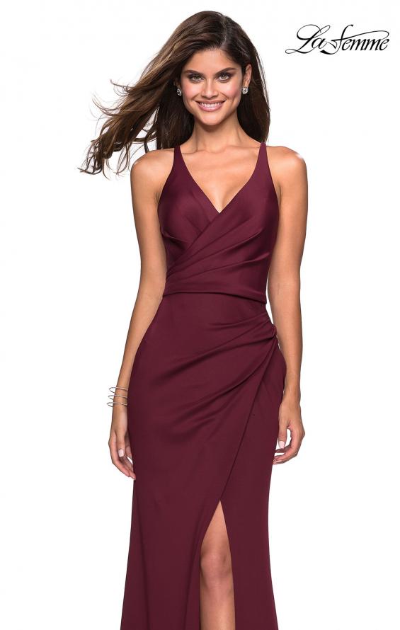 Picture of: Long Jersey Ruched Dress with Side Leg Slit in Wine, Style: 27317, Main Picture