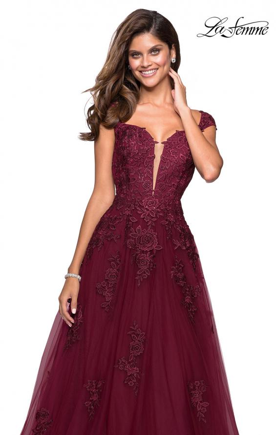 Picture of: Floor Length Cap Sleeve Prom Gown with Lace Detail in Wine, Style: 27503, Main Picture