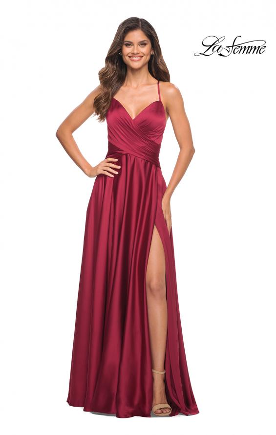 Picture of: Satin Jewel Tone Gown with Criss-Cross Ruched Top in Wine, Main Picture