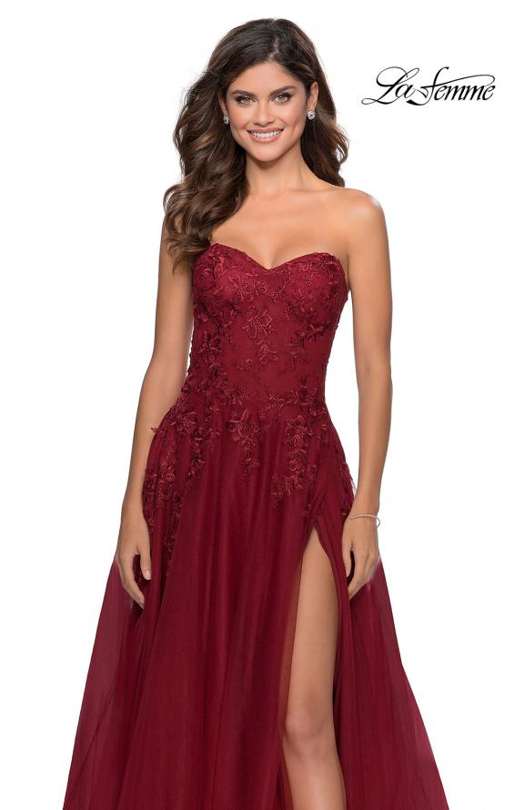 Picture of: Strapless Tulle Dress with Cascading Floral Detail in Wine, Style: 28599, Detail Picture 9