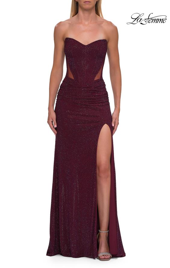 Picture of: Strapless Rhinestone Gown with Sheer Cutouts, Lace-Up Back, and High Slit in Wine, Style: 33327, Detail Picture 9