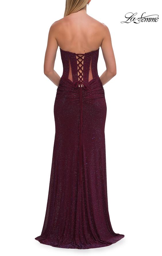 Picture of: Strapless Rhinestone Gown with Sheer Cutouts, Lace-Up Back, and High Slit in Wine, Style: 33327, Detail Picture 10