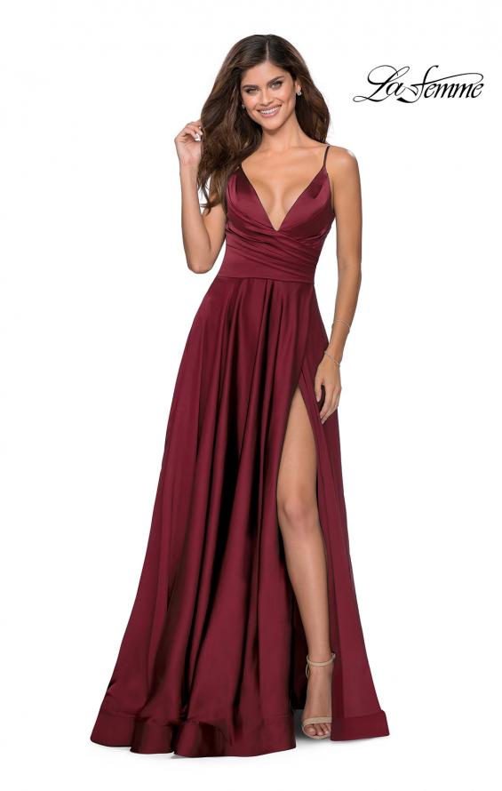 Picture of: Long Satin Dress with Side Slit and V Shaped Back in Wine, Style: 28607, Detail Picture 11