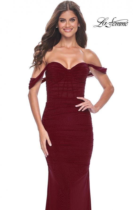 Picture of: Off the Shoulder Net Jersey Dress with Ruching in Wine, Style: 31914, Detail Picture 12