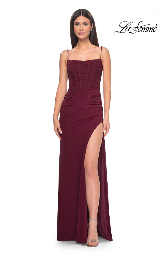 Picture of: Bustier Net Jersey Prom Dress with Ruching and High Slit in Wine, Style: 32161, Detail Picture 14