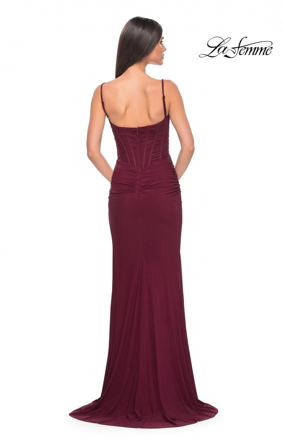 Picture of: Bustier Net Jersey Prom Dress with Ruching and High Slit in Wine, Style: 32161, Detail Picture 15