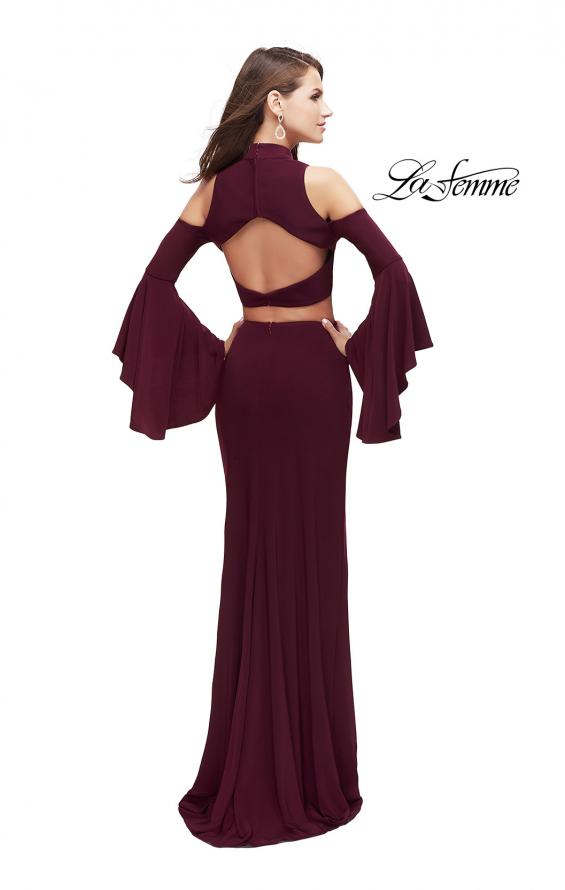 Picture of: Long Two Piece Dress with Cold Shoulders and Bell Sleeves in Wine, Style: 25353, Back Picture